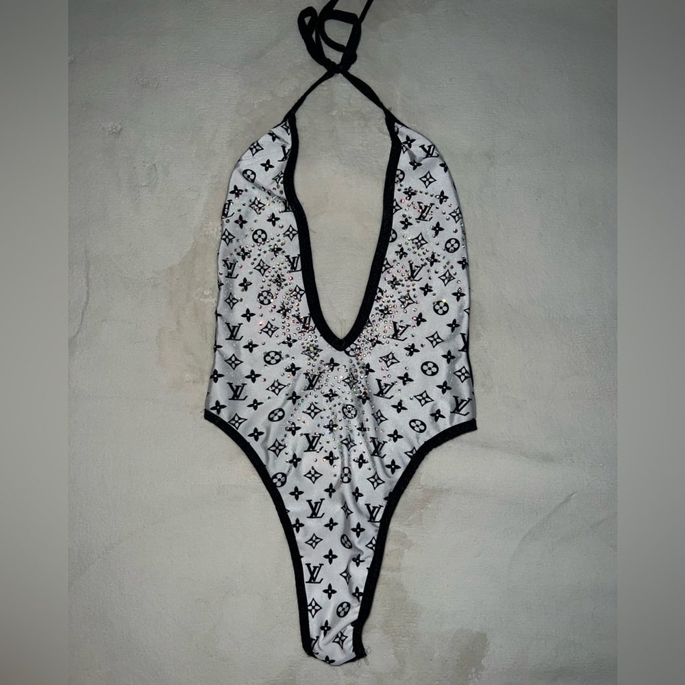 Black and White Cut-Out Rhinestone One Piece